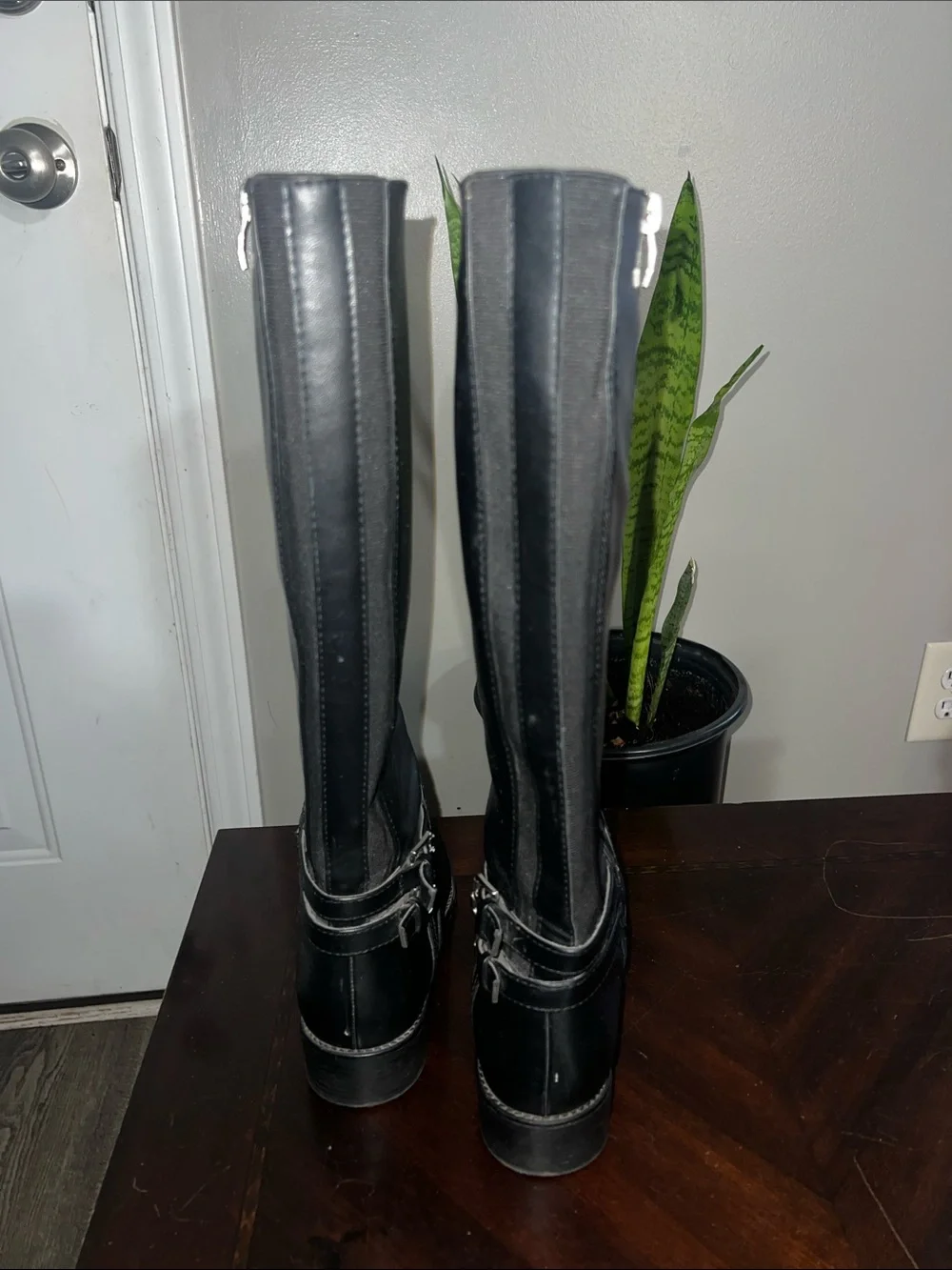 Women's Black Mid-Calf Riding Boots with Buckle Detail